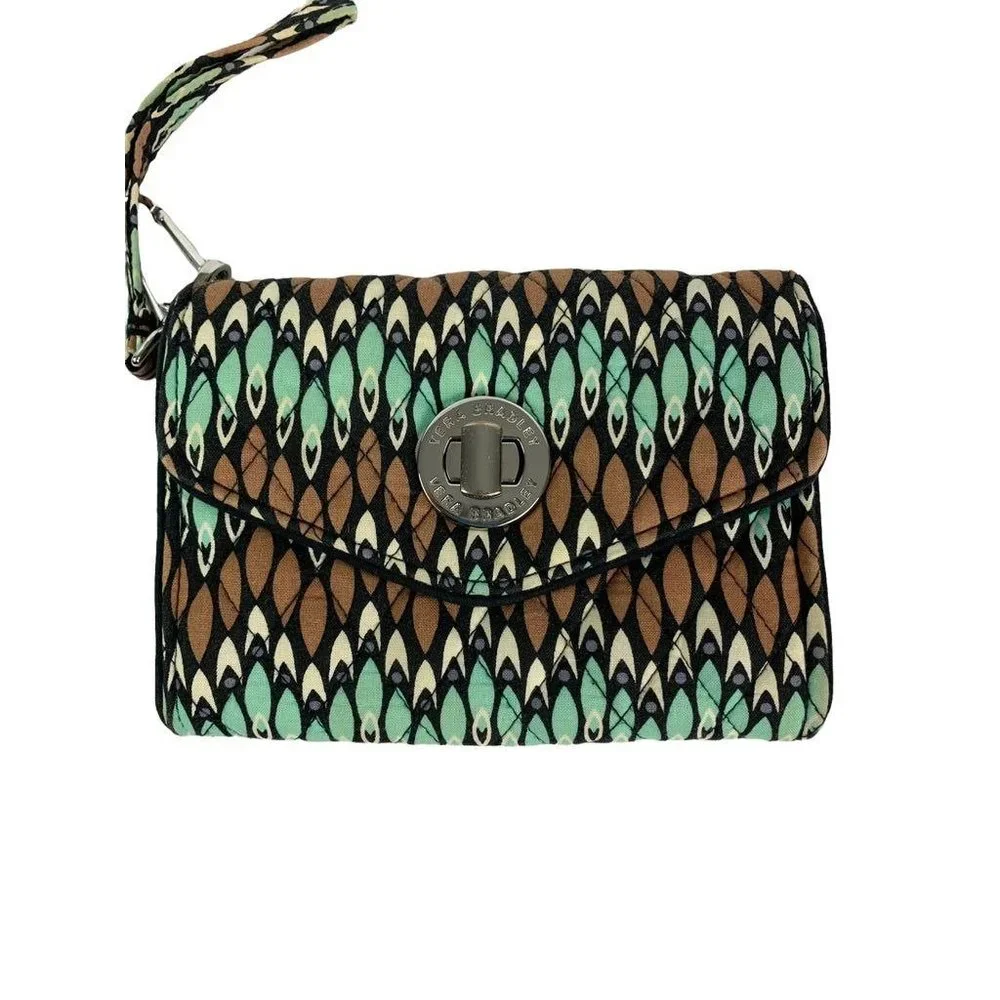 Vera Bradley Sierra Stream Turquoise Brown Turnlock Writstlet‎ Compartments